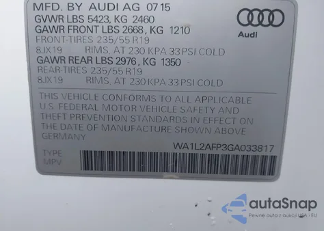 2016 Audi Q5 2.0T Premium z USA, uszkodzony, nr VIN WA1L2AFP3GA033817